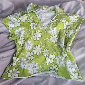 Y2k 2000s Bright Lime Green Flroal Flower Cropped Short Sleeve Tee Shirt Top